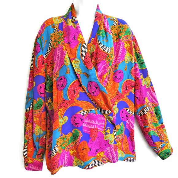 Vintage Tops - SiLK Satin Vintage 80s Vibrant Color Shawl Wrap Blouse Dana Buchman 12 Large